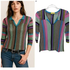 VTG Y2K Striped Metallic Knit Collar Sheer Sweater Retro Festival Top SZ 38 SEE